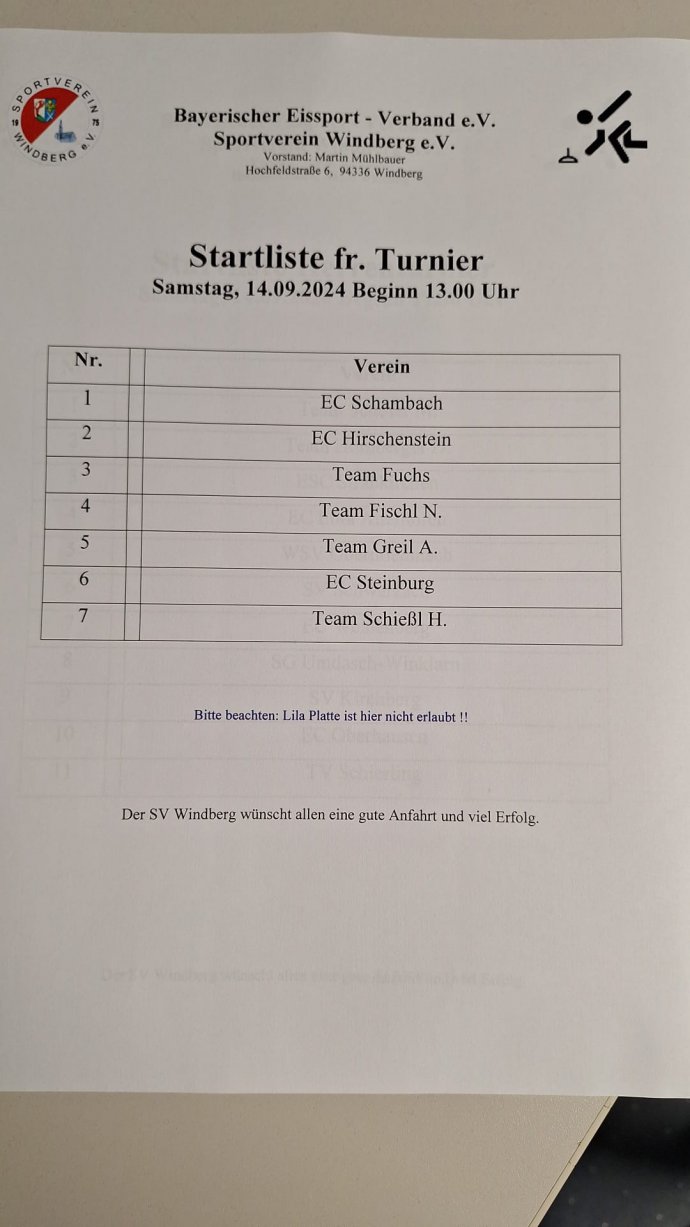 Startliste freies Turnier Samstag